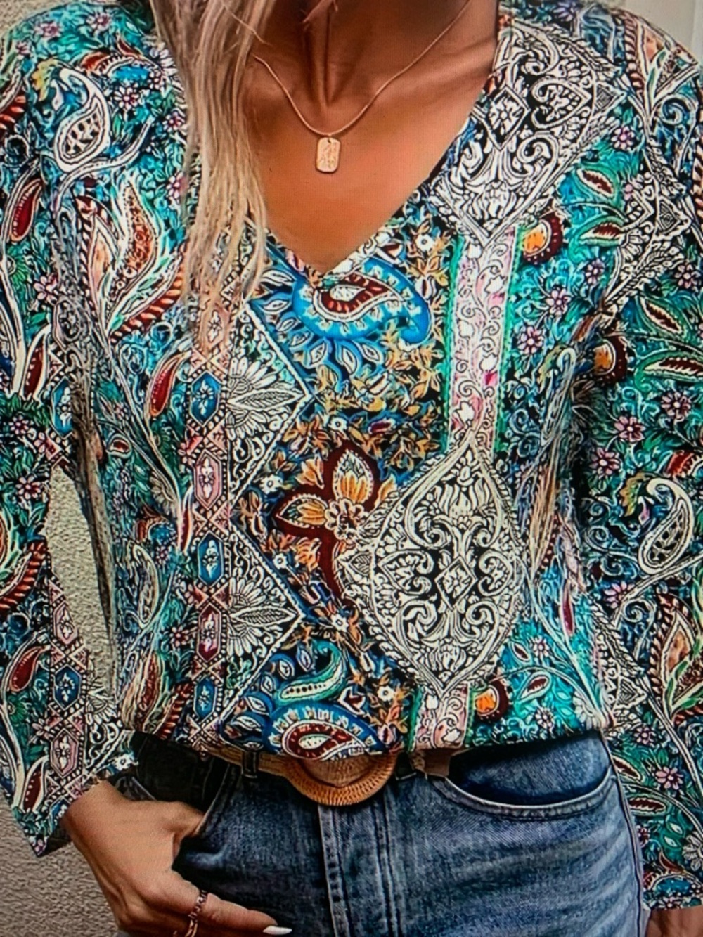 Boho V-Neck Paisley Print Women's Top - Teal Multi - Picture 3 of 4